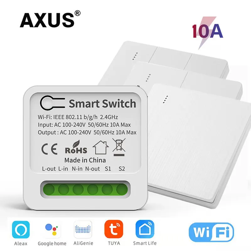 

AXUS EU 10A Mini Wifi Switch Smart Wireless 110V 220v Module Receiver DIY 2 Way Electric Home Timing Control Lamp Alexa Tuya APP