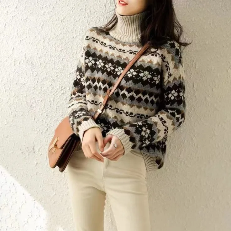 Жаккардовый теплый свитер с жакетом в скандинавском ретро-стиле высоким