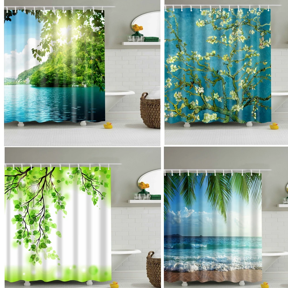 

Green Forest Shower Curtain For Bathroom Beach Car Marine Landscape Plant Bathtub Partition Bath Cloth Bathroom Decor Set Hooks
