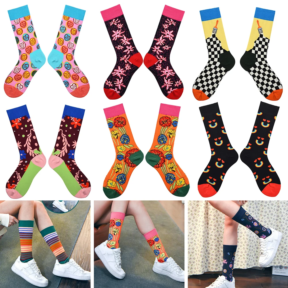

2023 Colorful Women's Cotton Crew Socks Funny striped flowers Animal Pattern Creative Ladies Novelty Socks For Gifts