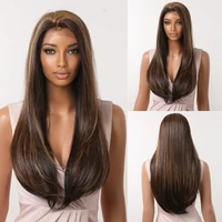 long straight lace front synthetic wigs brown with highlight natural side part for women cosplay lace frontal wig heat resistant