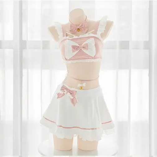 

Японский розовый женский купальник с оборками sukuмиз, Раздельный купальник с подтяжками, Женский Летний милый купальник с котом и милым бантом, купальный костюм