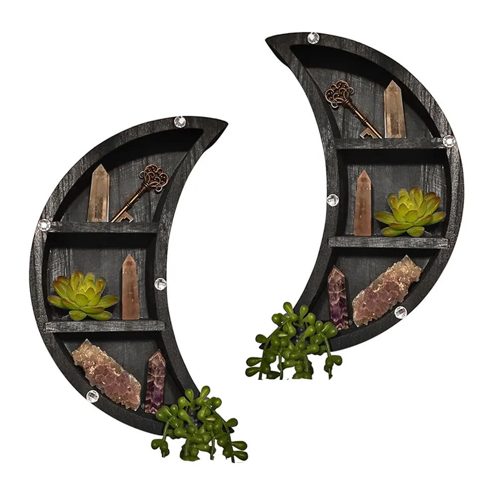

2pcs Essential Oil Sundries Easy Install Space Saving Crystals Home Decor Nursery Wall Hanging Living Room Wooden Moon Shelf