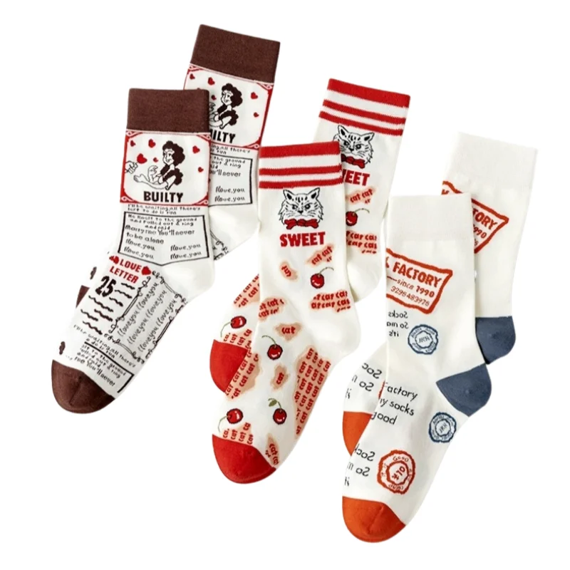 5Pairs/Set Retro Cotton Socks for Women Street Fashion Cartoon Painting Printed Crew Socks Unisex Middle Tube Men Sport Sox