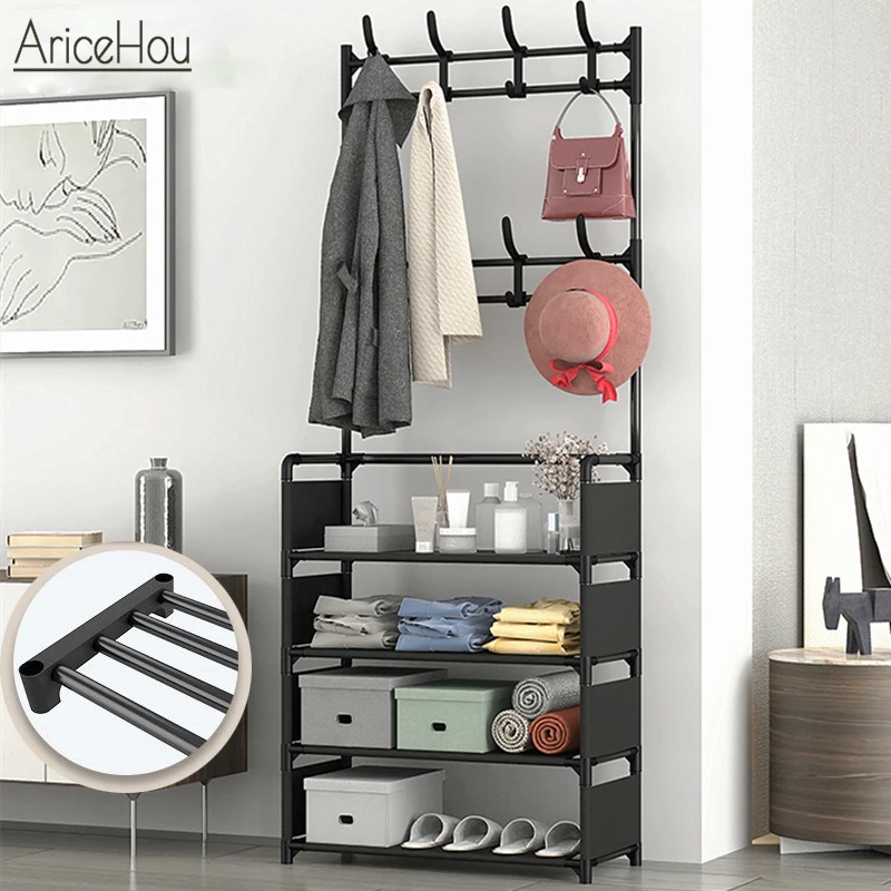 Вешалка для пальто и шляп, вешалка для обуви, полки для хранения с 8 крючками, Многофункциональная вешалка для обуви и шляп, стойка для одежды в гостиную