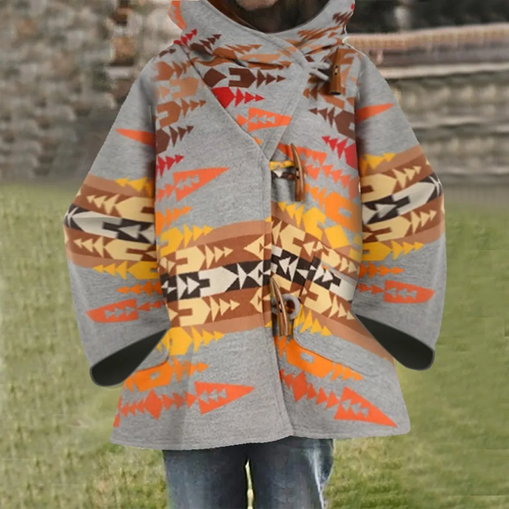 

Пальто с карманами и рукавами, Повседневная Женская длинная куртка с капюшоном и гудком с принтом в стиле ретро, пушистая женская одежда на ...