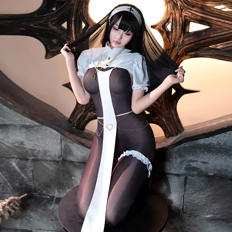 Хэллоуин Шарлотта Монахиня Косплей Костюм Виброзар Сестра Женский Прозрачный