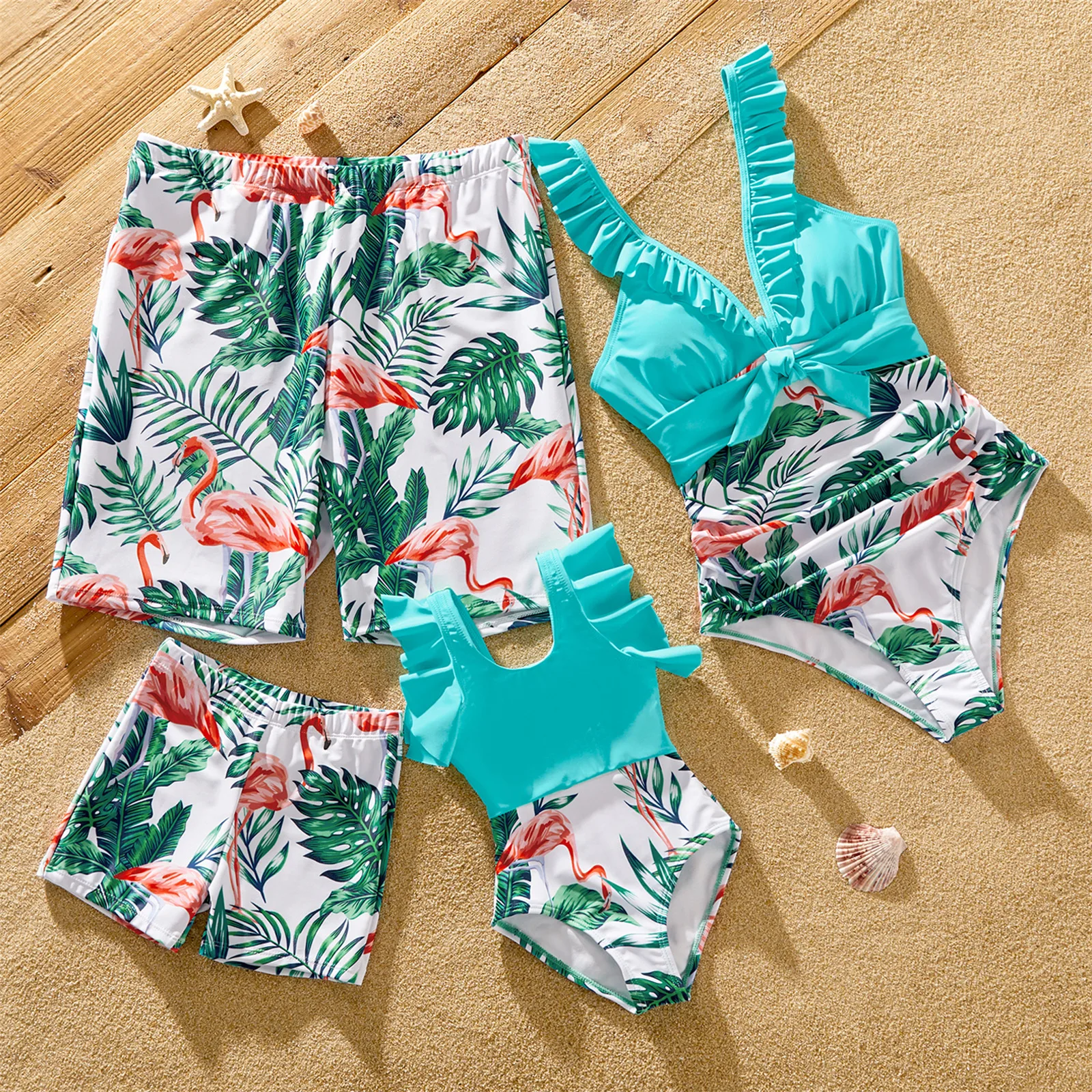 

PatPat Family Matching Swimsuit Allover Tropical Print Spliced Solid Ruffled One-piece Swimsuit or Swim Trunks Shorts