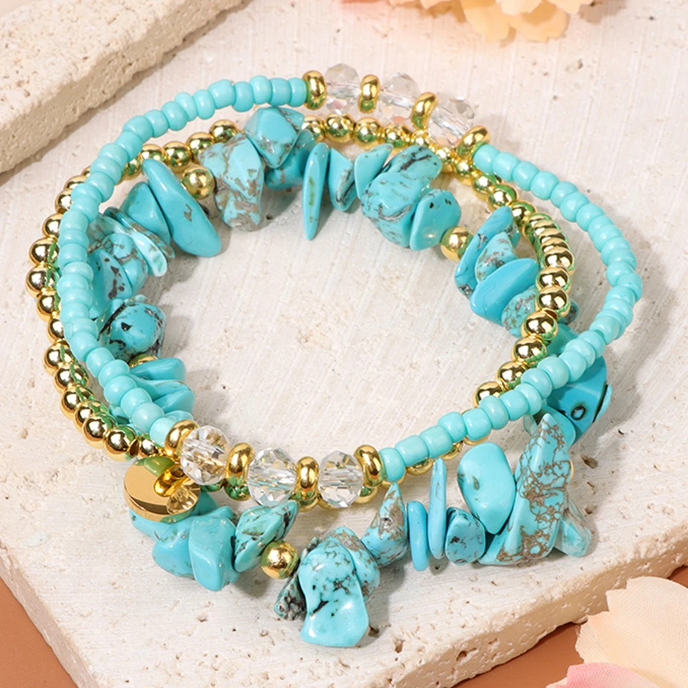 

3Pcs/Lot Natural Stone Irregular Blue Turquoises Chip Beads Bracelet Set for Women Gold Color 4mm Round Beaded Bracelet Bangle