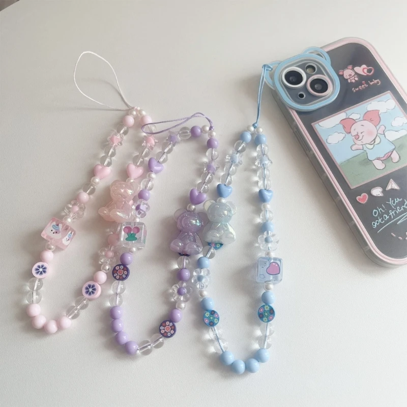 

Bear Heart Beaded Charm Phone Chain Sweet Girl Keychain Pendant Decoration
