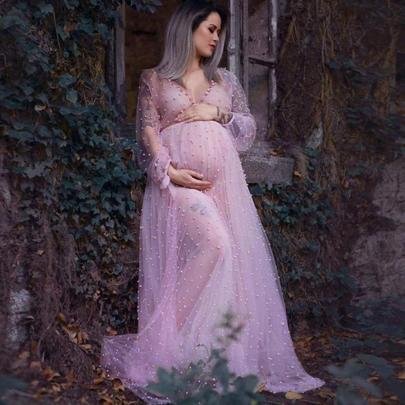 Enlarge Pearl Tulle Maternity Photo Shoot Long Dresses Full Sleeve See Through Pregnancy Photography Props Long Dresses