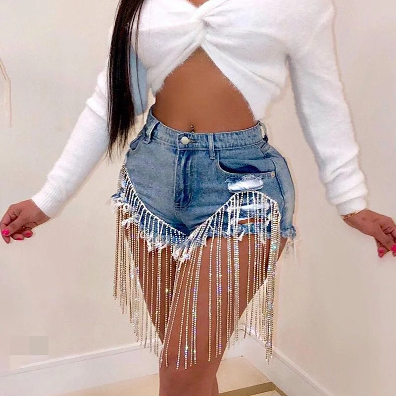 2023 Plus Size Summer Fashion Ladies Sexy Ripped Beaded Fringe Zipper Personality Temperament Skinny Denim Shorts Women