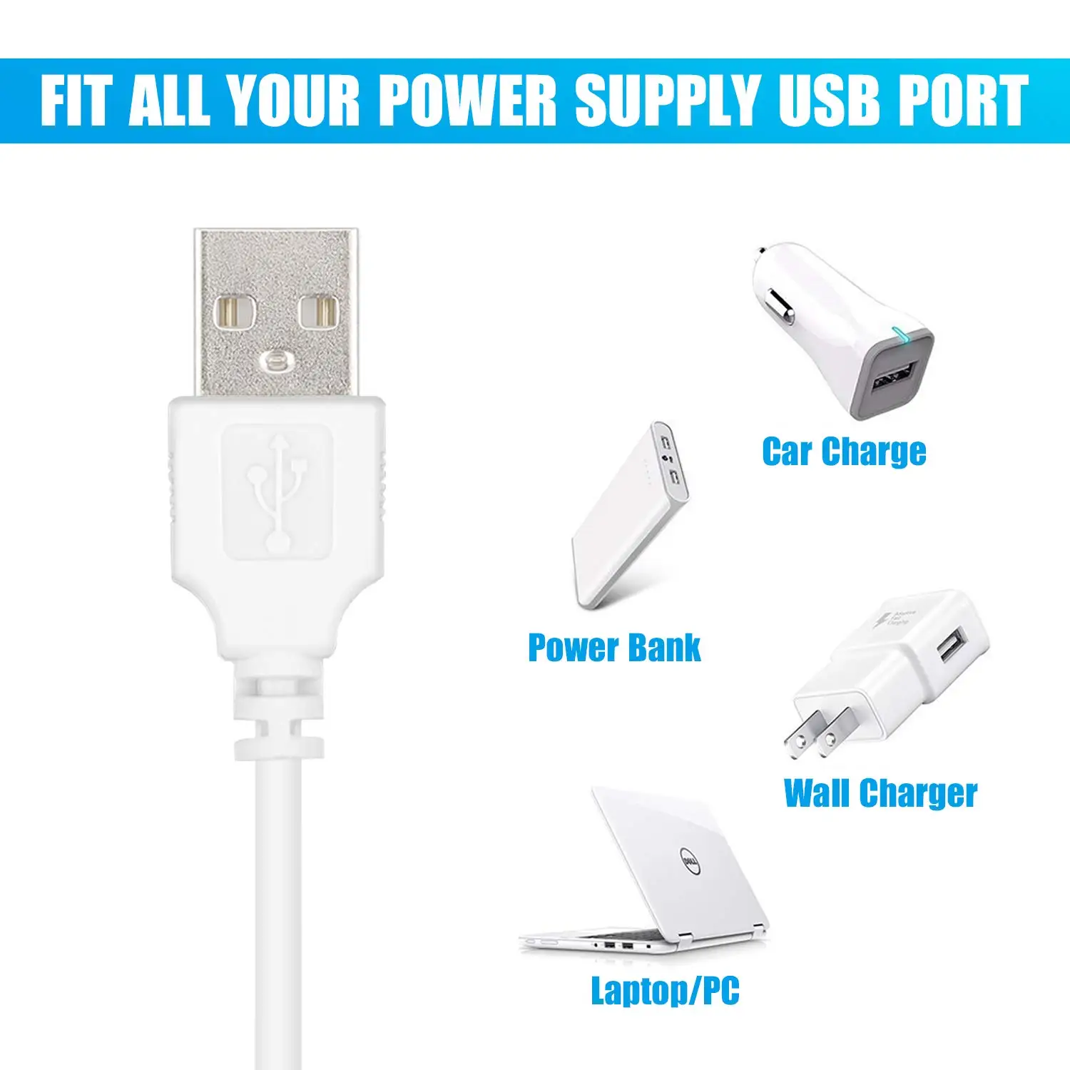 3Pack USB Charger Cable Cord 2.5mm with Fast Charging Technology for Universal Vibrating Wand Massagers and Toys 2ft White |
