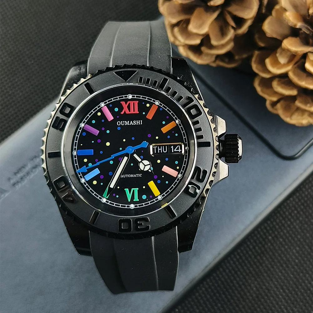 

Часы OUMASHI NH36 мужские, резиновый силиконовый Браслет с сапфировым стеклом и светящимся циферблатом, автоматические водонепроницаемые черные, 40 мм