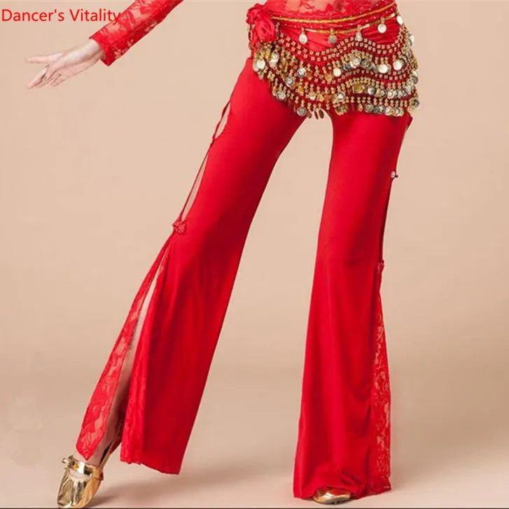 Women India Dance Accessory High Slit Lace Belly Dance Pants Performance Wear Yellow Red Black Purple Pink Blue Free Shipping