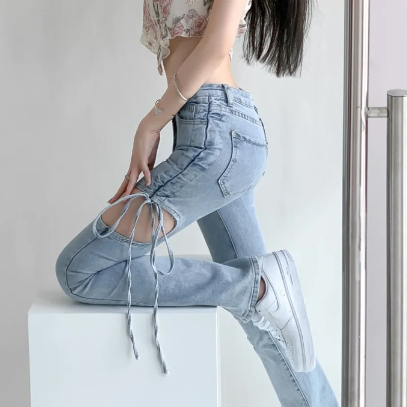 

High Street Y2k Jeans for Women High Waist One-sided Hollow Out Design Drawstring Slit Loose Denim Jeans