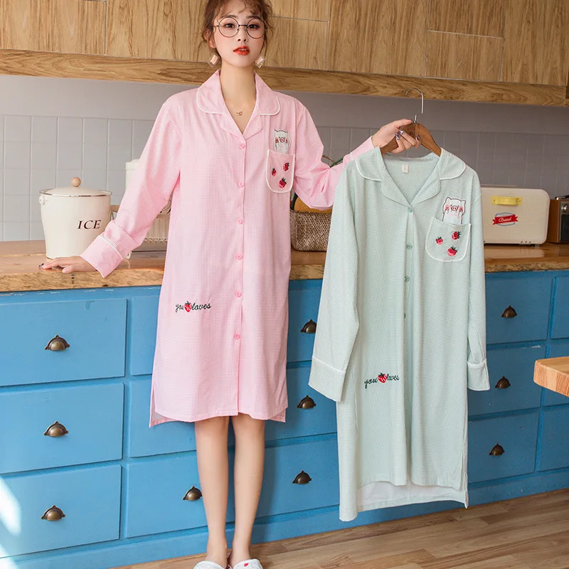 Plaid Strawberry Nightdress Women Nightgowns 2021 Autumn Pink Home Wear Long Sleeve Cardigan Nightwear Casual Loose Nightdress