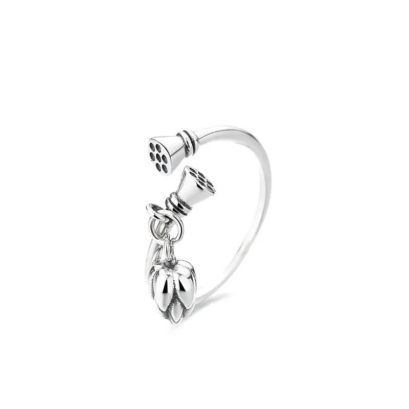 

Silver Lotus Peng Ring for Women S925 Sterling Silver Vintage Lotus Ethnic Style Personality