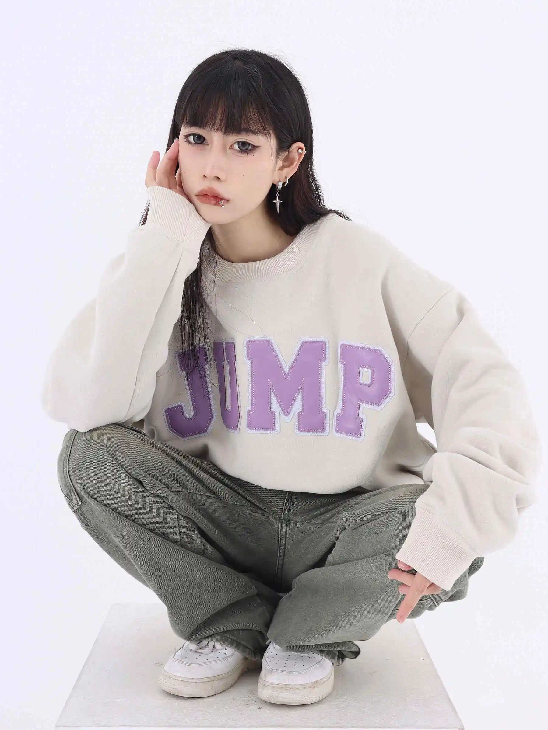 

Korean Harajuku Retro Green Baggy Sweatshirt Women Autumn Winter Letter Printing Fashion Long Sleeves Pullover TOP