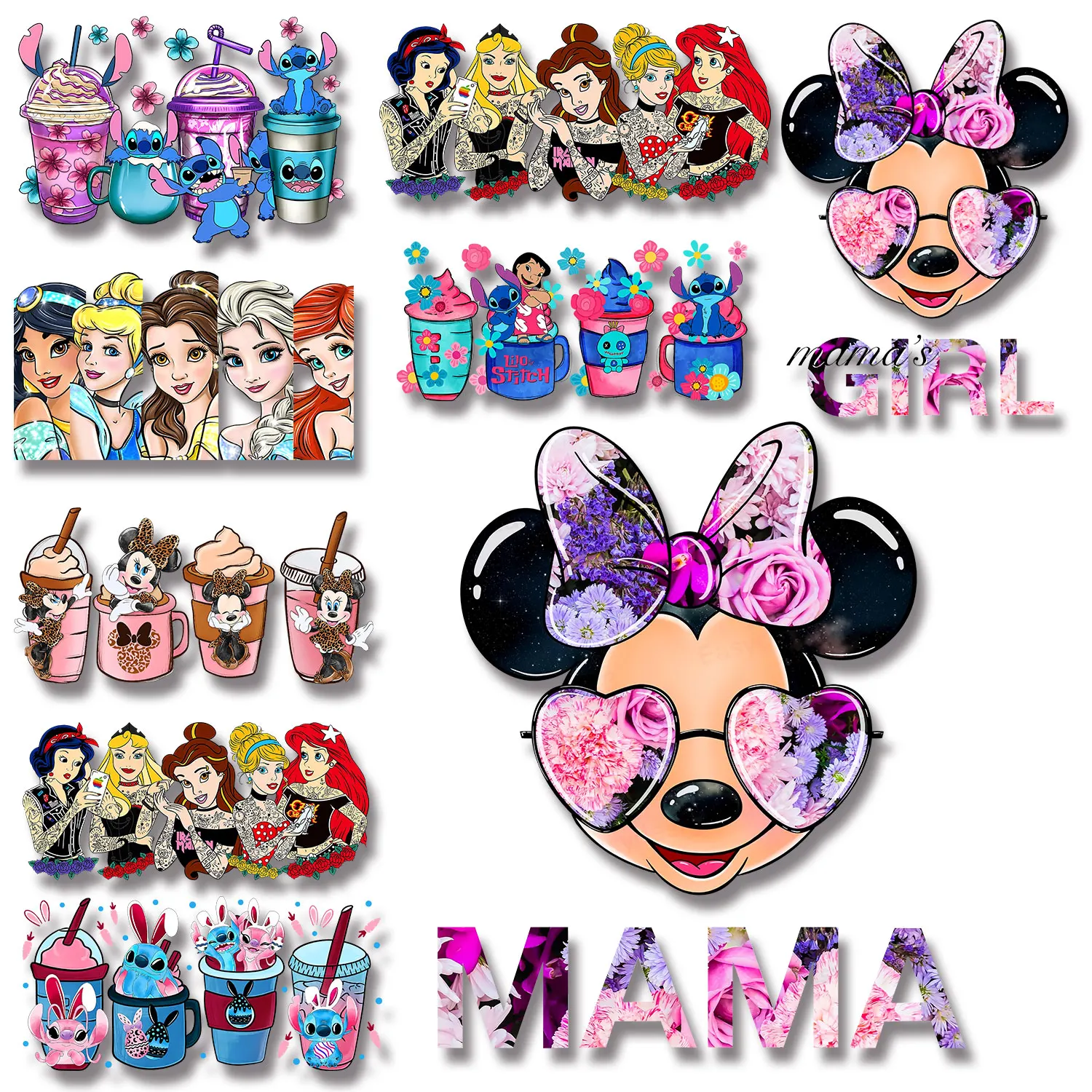 

Disney Cartoon Stickers Princess Stitch Mickey Minnie Group Photo Iron on Patches Applique for Cloth Diy Craft