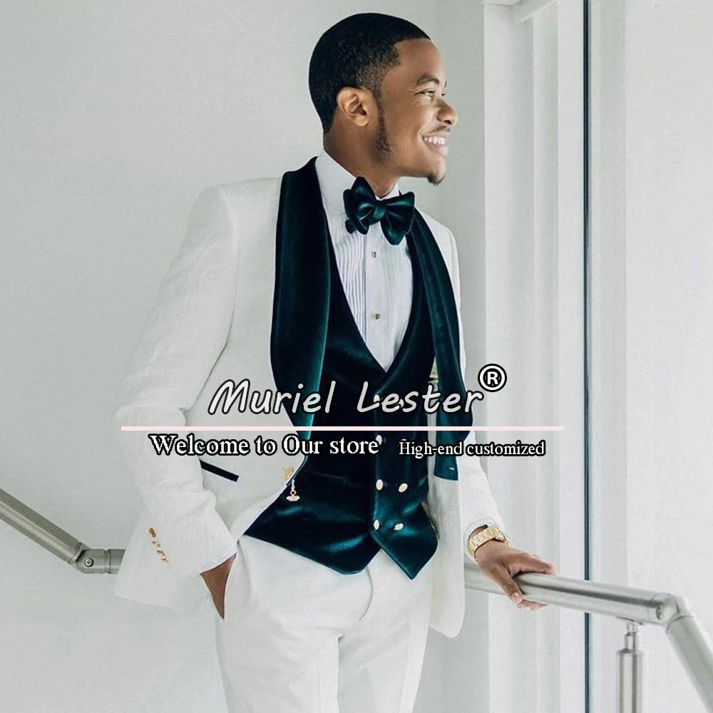 

Elegant Men Suits For Wedding Grooms Prom Tuxedos White Jacquard Jacket+Green Waistcoat+Pant Evening Formal Party Dress Blazer