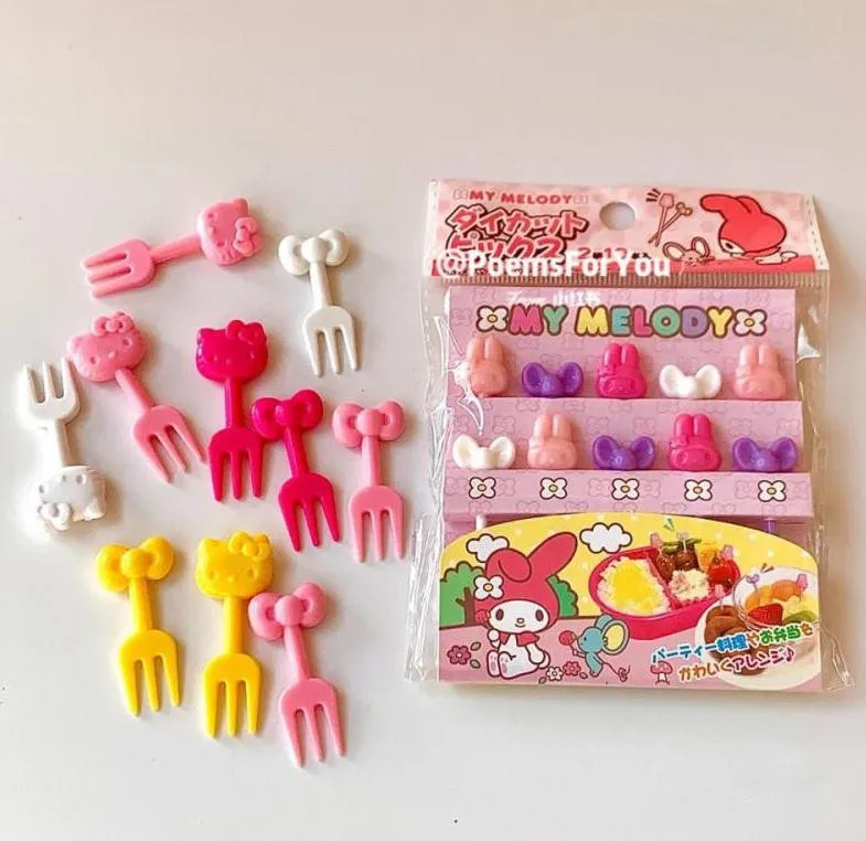 

10 шт./компл. Kawaii Sanriod вилка для фруктов милые Hello Kittys животные мультфильмы аниме цветные многоразовые фрукты вилка плюшевые игрушки для девоч...