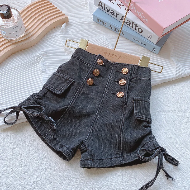Cute Shorts Kids Clothing Girls Shorts Summer Dress 2022 New Korean Children Drawstring Button Jeans Fashionable Hot Pants images - 6