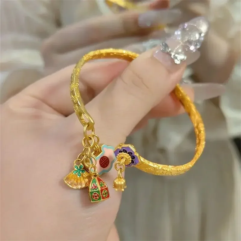 Золотистый браслет на удачу Подвески высокотемпературный сгоревший Синий Эмаль