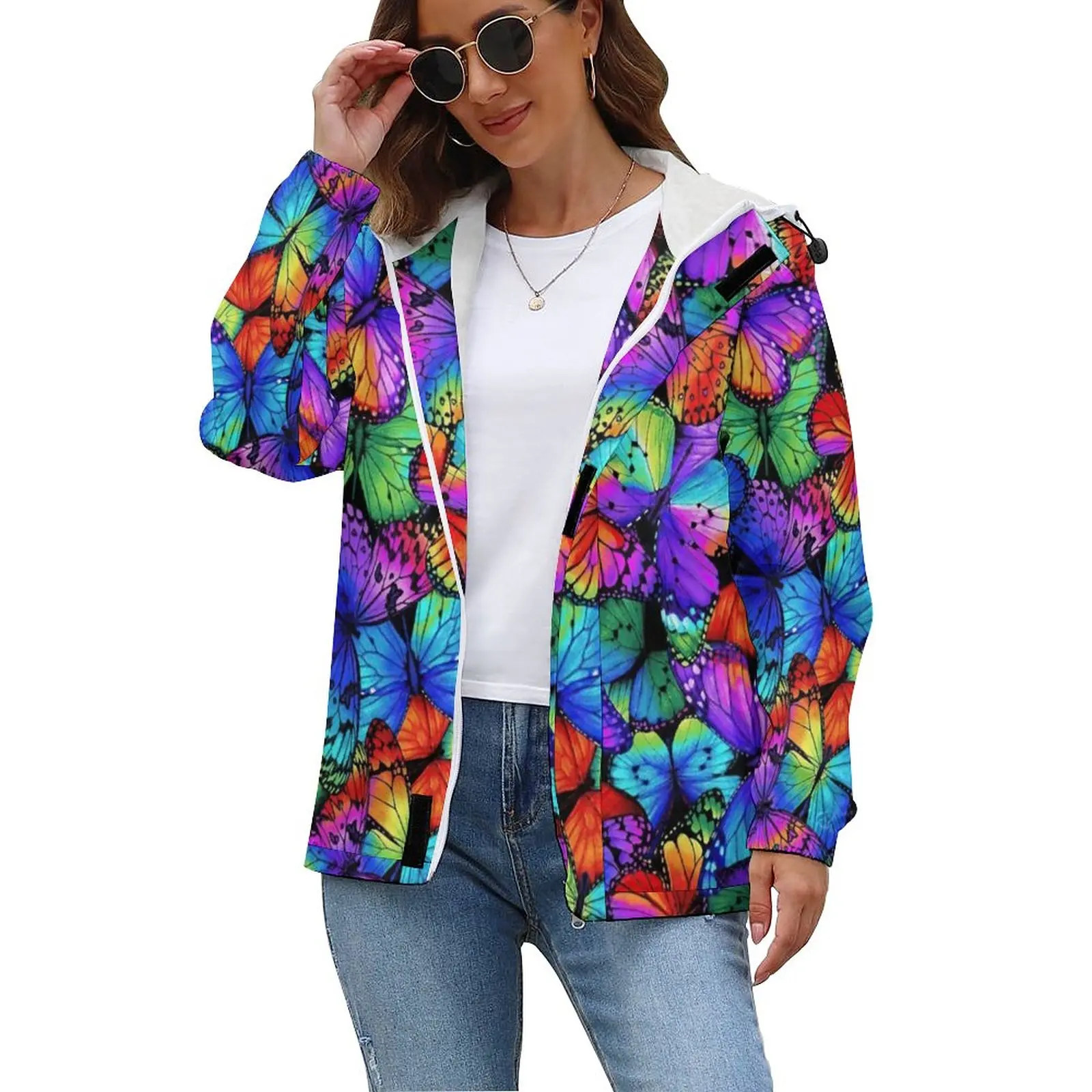 

Colorful Butterfly Casual Jackets Womens Neon Animal Print Warm Coats Winter Elegant Outdoor Graphic With Pockets Jacket 4XL 5XL