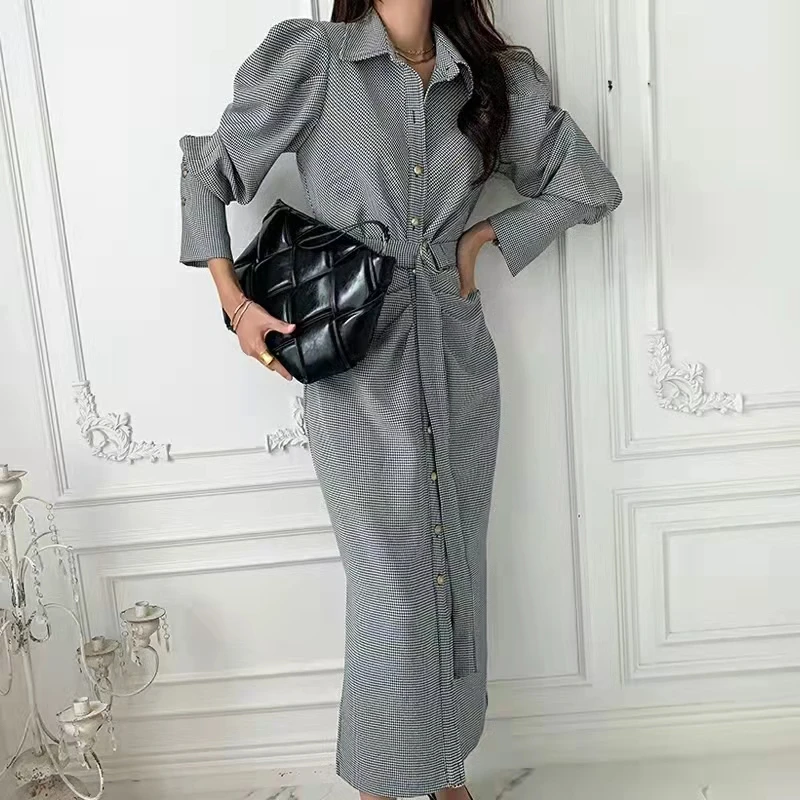 

Женское длинное платье WTIANYUW, винтажное корейское платье с высокой талией, пышными рукавами и клетчатыми складками, на шнуровке, весна-осень 2022