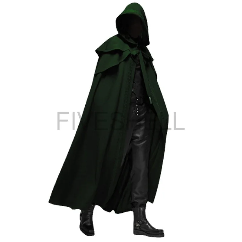 Men Medieval Gothic Cloak Coats Hooded Solid Loose Windproof Men's Trench Coat Renaissance Vicking Long Cape Poncho Costumes images - 6