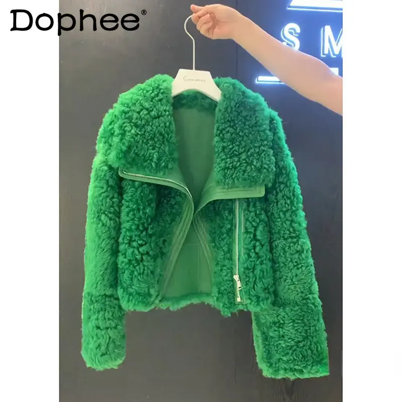 Fashion Green Faux Wool Lamb Fur Coat for Women 2023 Spring Winter New Small Short Woolen Coats Cropped Jacket Femme