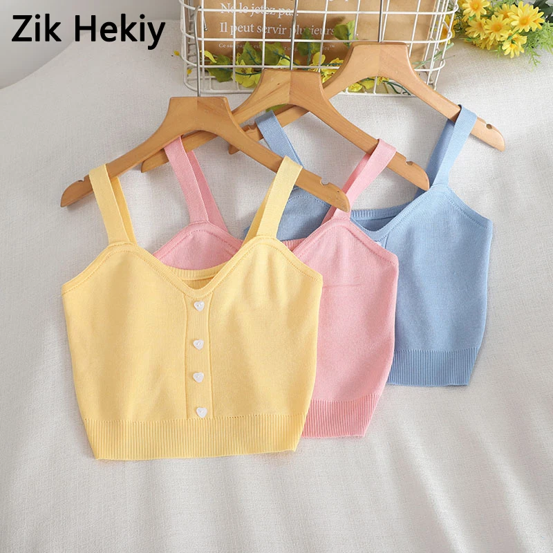 

Zik Hekiy Women Strappy Knitting Tops Summer V Neck Plastic Buttons Front Sleeveless Crop Tops Korean Style Sweet Kawaii Top