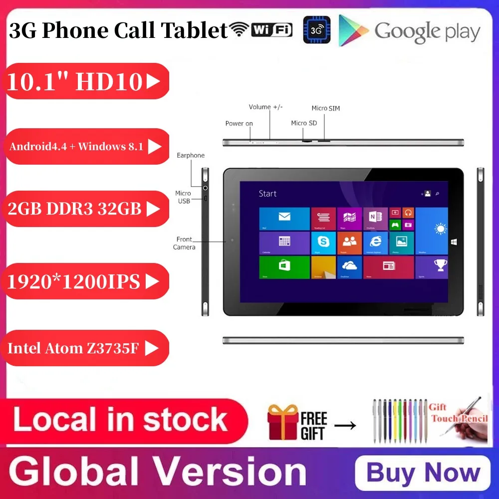 

10.1'' 3G Phone Call HD10 Tablet PC Android 4.4+Windows 8.1 Netbook Quad Core 2GB RAM 32GB ROM With Single Sim Card 1920*1200IPS