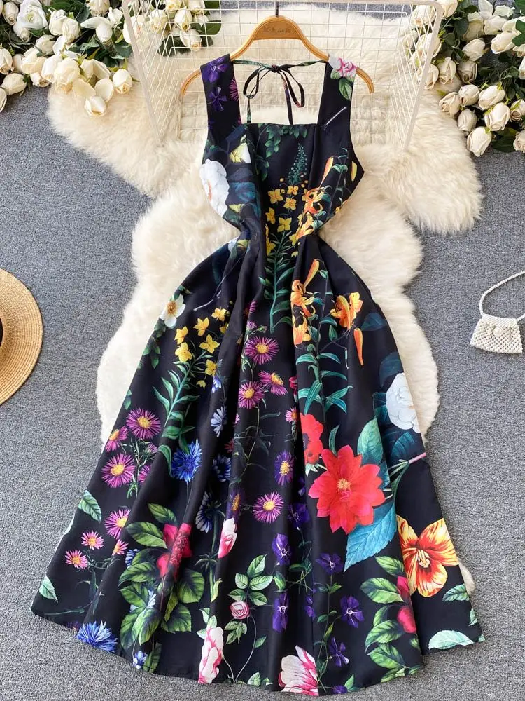 

Truerolory Summer Dress Women 2022 Runway Flower Bohemian Spaghetti Strap Floral Print Backless Vacation Party Mid-Long Dresses