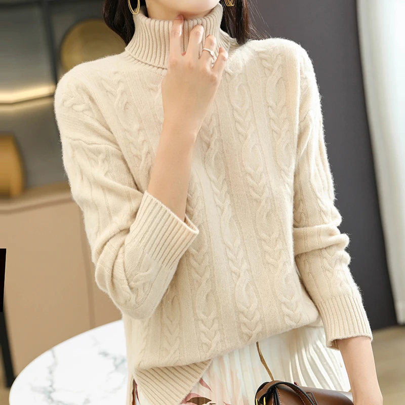 

Women Sweater 100% Wool Knitted Jumpers Turtleneck Soft and Best Quality Pullovers Female Long Sleeve Thicker Knitwear Tops