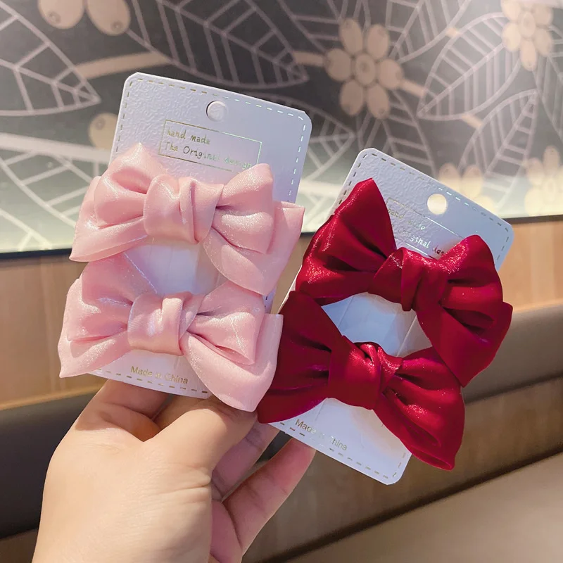 

2PCS Bow Hair Clip Satin Barrette Hairpin Solid Sweet Ponytail Fashion Lovely Accessories Smooth Fabric Headdress For Kids Girl