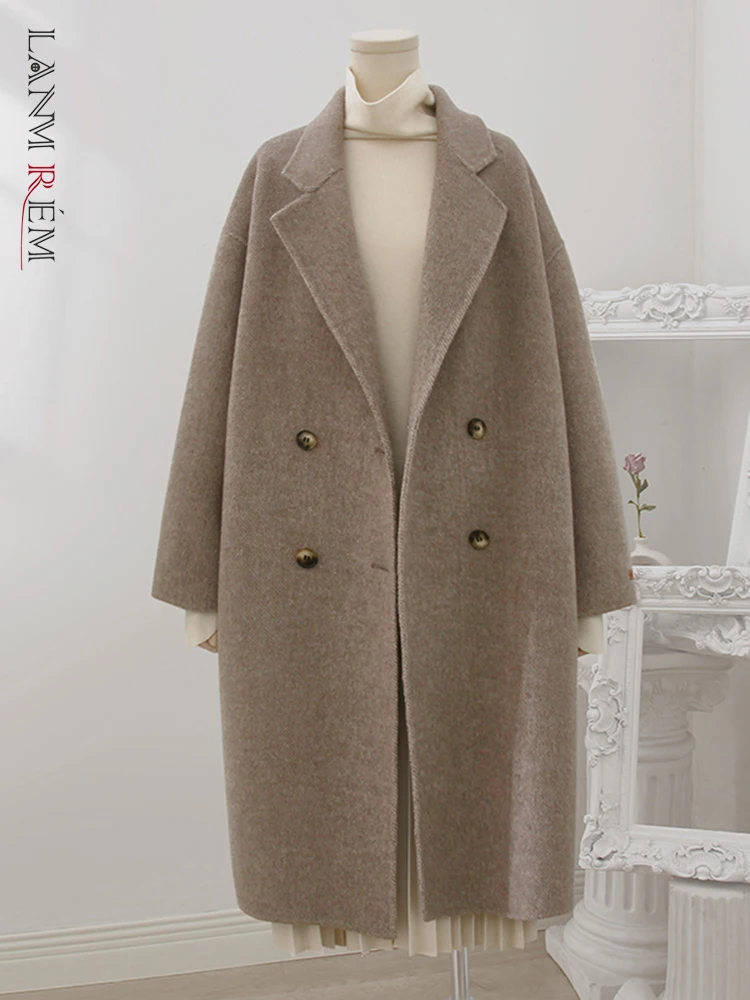 

LANMREM Fashion Wool Coat For Women Lapel Double Breasted Long Sleeves Korean Solid Office Lady Coats 2023 Autumn New 32D585
