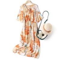 100 silk dresses women elegant high quality printed v neck half sleeve pullover dress new faishon