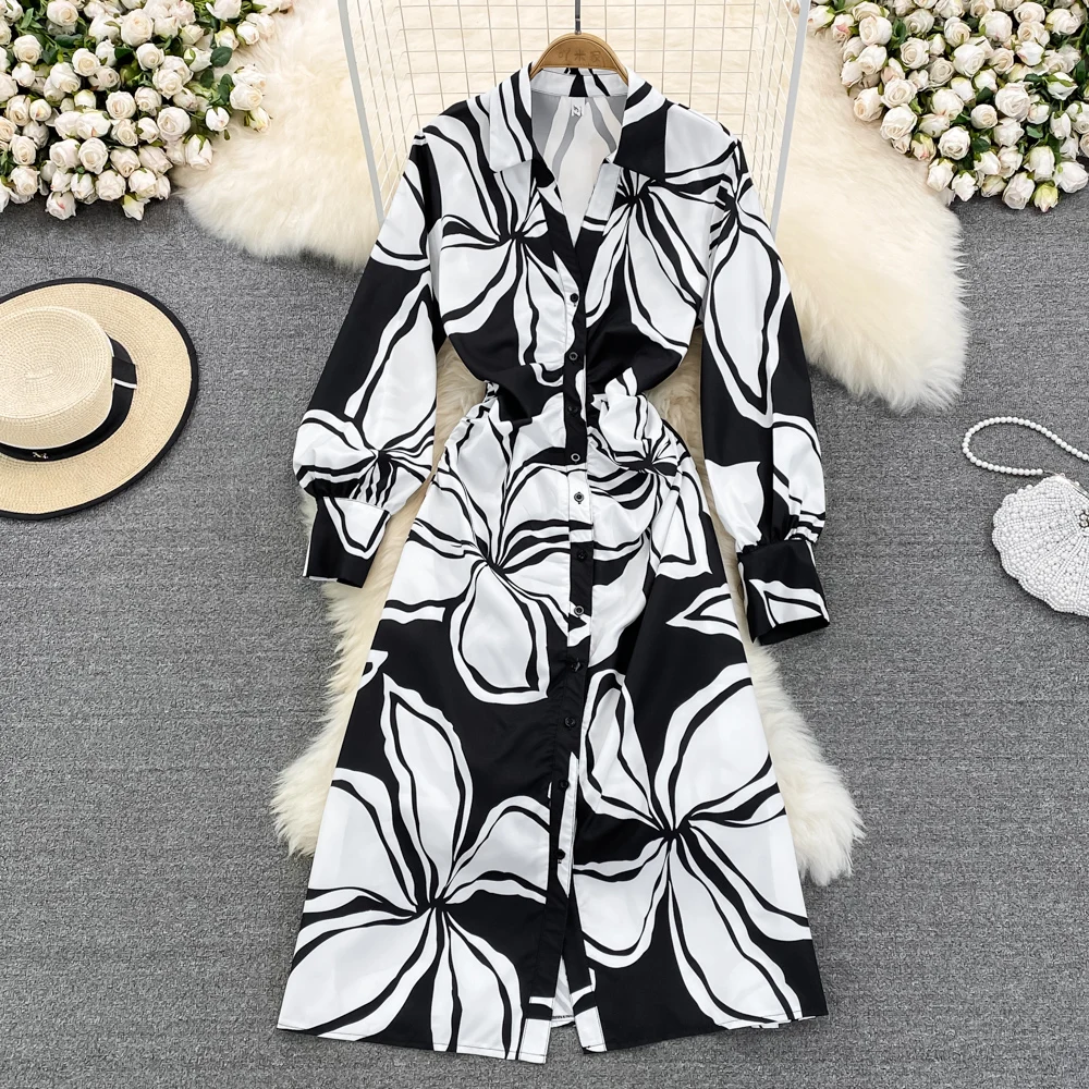 

SuperAen 2022 Spring and Autumn Gentle Temperament V-neck Pleated Waist Single Breasted Printed A-line Dress