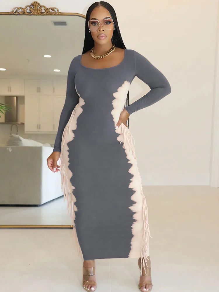 Лоскутное повседневное платье макси с кисточками женское элегантное вечернее