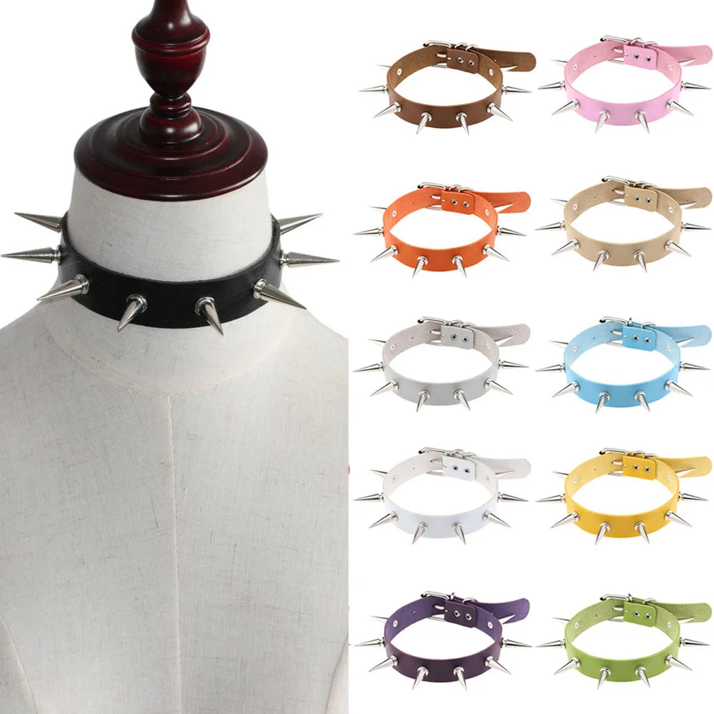 

2021 New Women Fashion Alloy Rivet Spike Faux Leather Choker Short Necklace Punk Jewelry