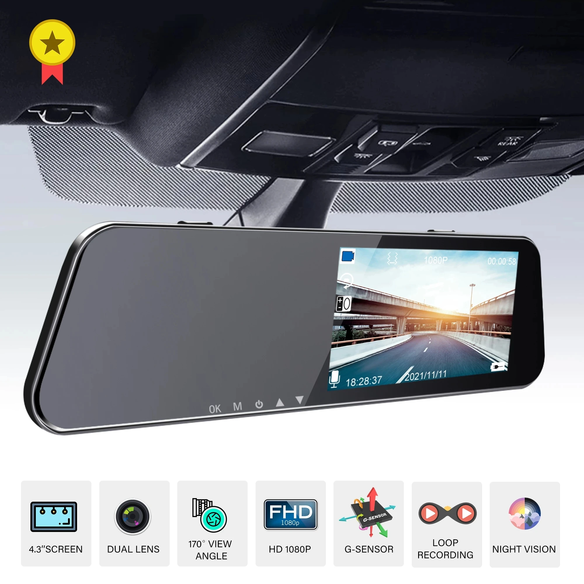 Car HD Dual Lens Driving Recorder Night Vision Rearview Mirror 4.5 Inch Digital Video Rear Camera  Registratory Camcorder DVR