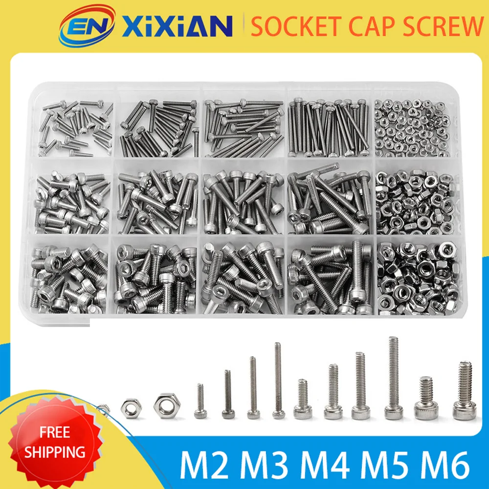 

M2 M3 M4 M5 M6 Cup Head Hex Socket Bolt Nut Thread Metric Machine Hex Socket Screw Combo Kit 304 Stainless Steel