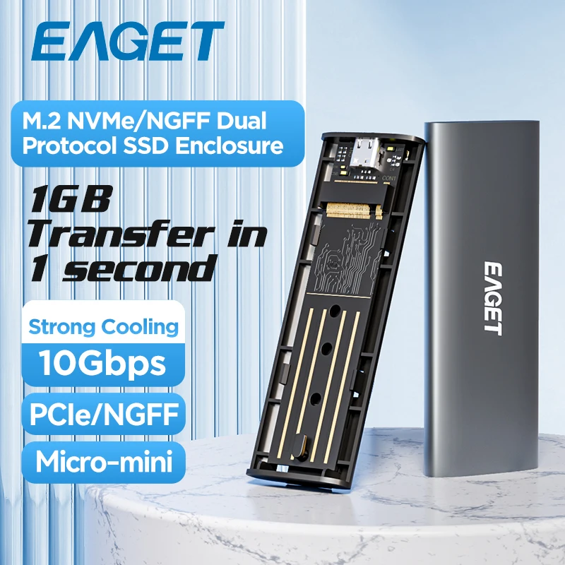 

EAGET Dual Agreemen M2 NVMe/SATA SSD Case 10Gbps PCIe SSD Enclosure M.2 SSD 5Gbps NGFF SATA Hard Drive Box