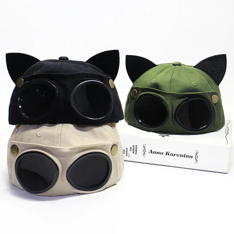 

2022 Men's and Women's Outdoor Sunglasses Baseball Cap with Cat Ears UV Protection Sunshade Cap Pilot Glasses Hat Sun Hat