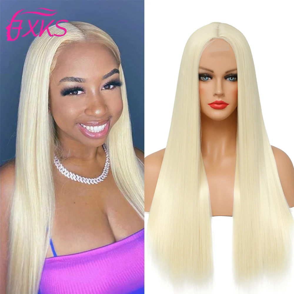 Long Straight Hair Synthetic Lace Wigs White Blonde 613 Part Lace Wigs 26Inch High Temperature Fiber Brown Gray Lace Wig FXKS