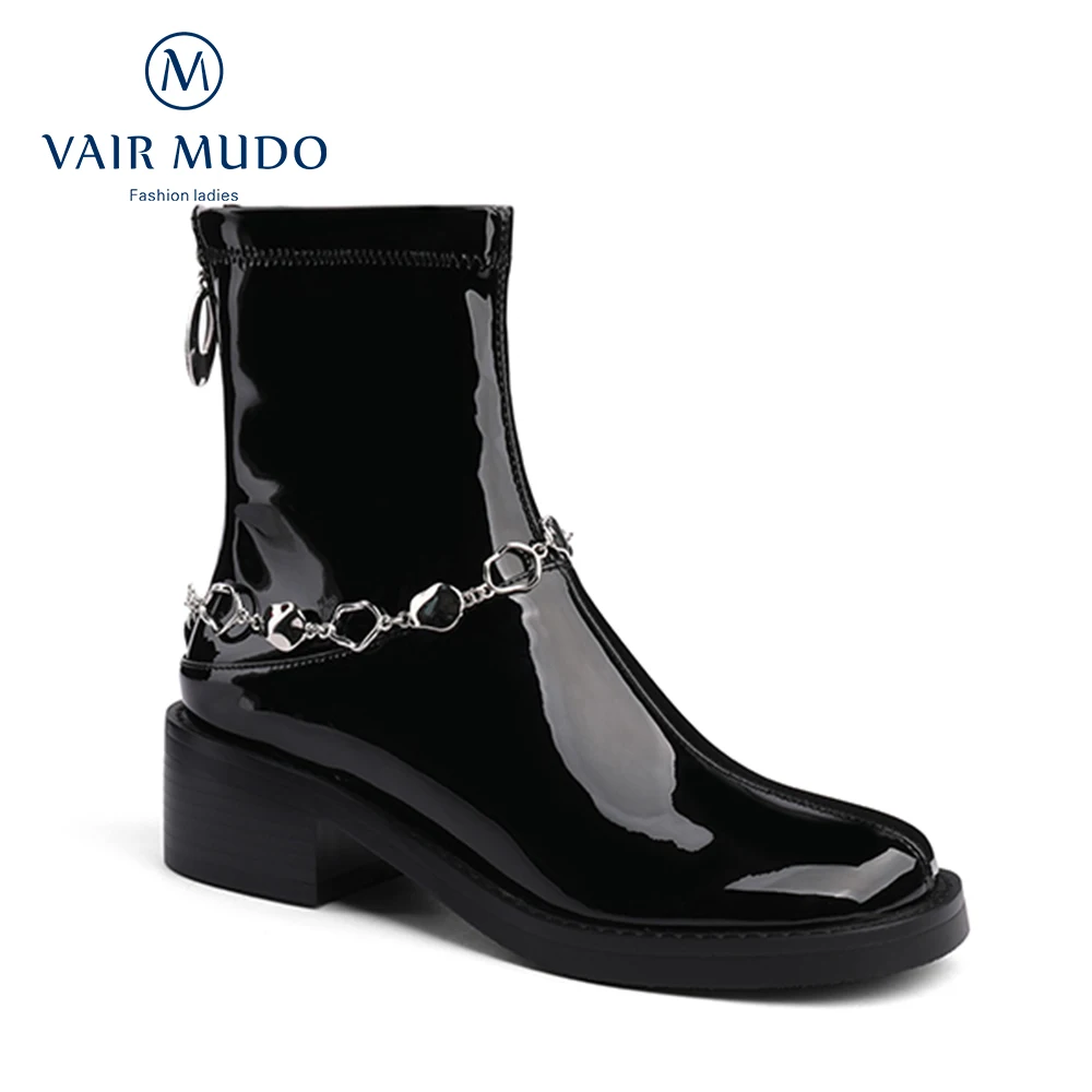 

VAIR MUDO New Ankle Women Boots Patent Leather Black Ankle Boots Chain Zipper Round Toe Low Heel Lady Ankle Boots Shoes DX214L