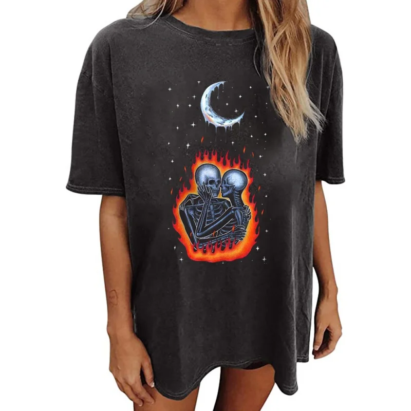 

Fun weird moon skeleton print short-sleeved retro women's women's drop shoulder short-sleeved women's T-shirt round neck shirt