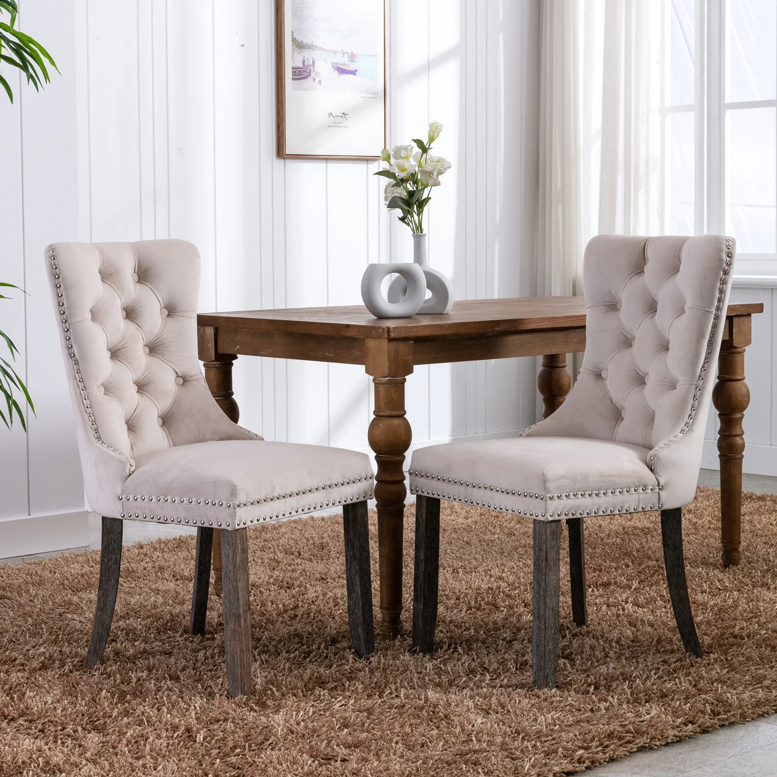 

2pcs Furniture High-end Tufted Solid Wood Contemporary Velvet Upholstered Dining Chair with Wood Legs Nailhead Trim